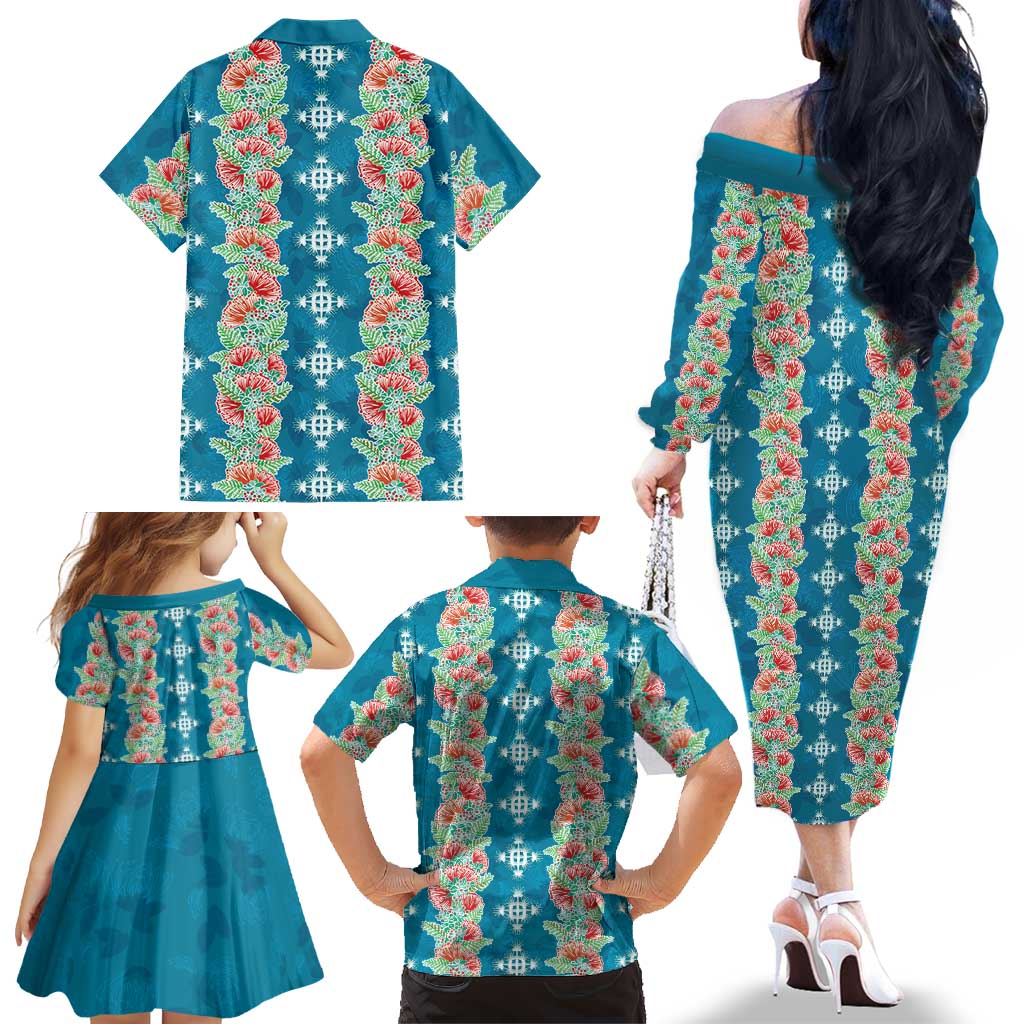 Hawaii Ohia Lehua Family Matching Off The Shoulder Long Sleeve Dress and Hawaiian Shirt Tropical Vibes Teal