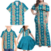 Hawaii Ohia Lehua Family Matching Off Shoulder Maxi Dress and Hawaiian Shirt Tropical Vibes Teal