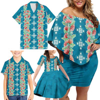 Hawaii Ohia Lehua Family Matching Off Shoulder Short Dress and Hawaiian Shirt Tropical Vibes Teal
