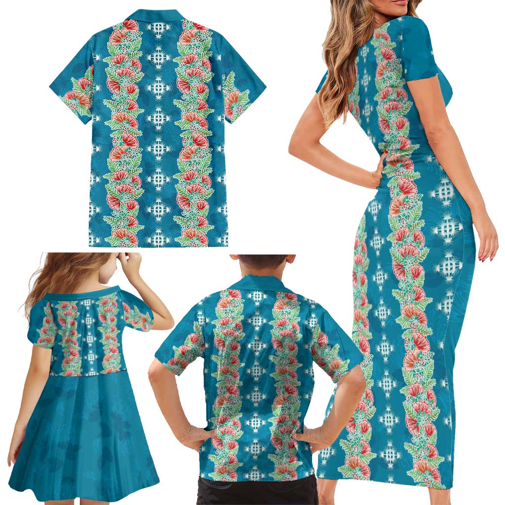 Hawaii Ohia Lehua Family Matching Short Sleeve Bodycon Dress and Hawaiian Shirt Tropical Vibes Teal