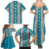 Hawaii Ohia Lehua Family Matching Summer Maxi Dress and Hawaiian Shirt Tropical Vibes Teal