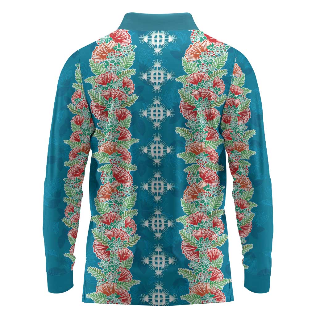 Hawaii Ohia Lehua Long Sleeve Polo Shirt Tropical Vibes Teal LT05 - Polynesian Pride