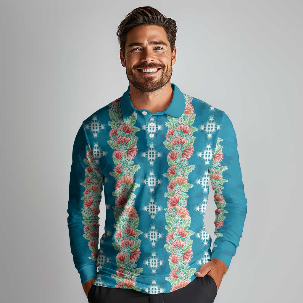 Hawaii Ohia Lehua Long Sleeve Polo Shirt Tropical Vibes Teal LT05 - Polynesian Pride
