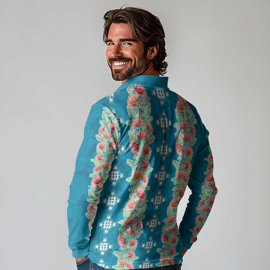 Hawaii Ohia Lehua Long Sleeve Polo Shirt Tropical Vibes Teal LT05 - Polynesian Pride