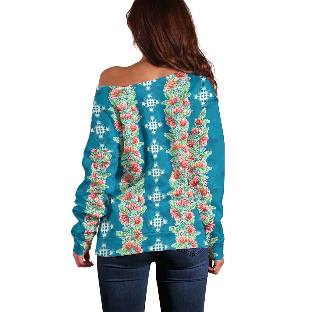 Hawaii Ohia Lehua Off Shoulder Sweater Tropical Vibes Teal LT05 - Polynesian Pride