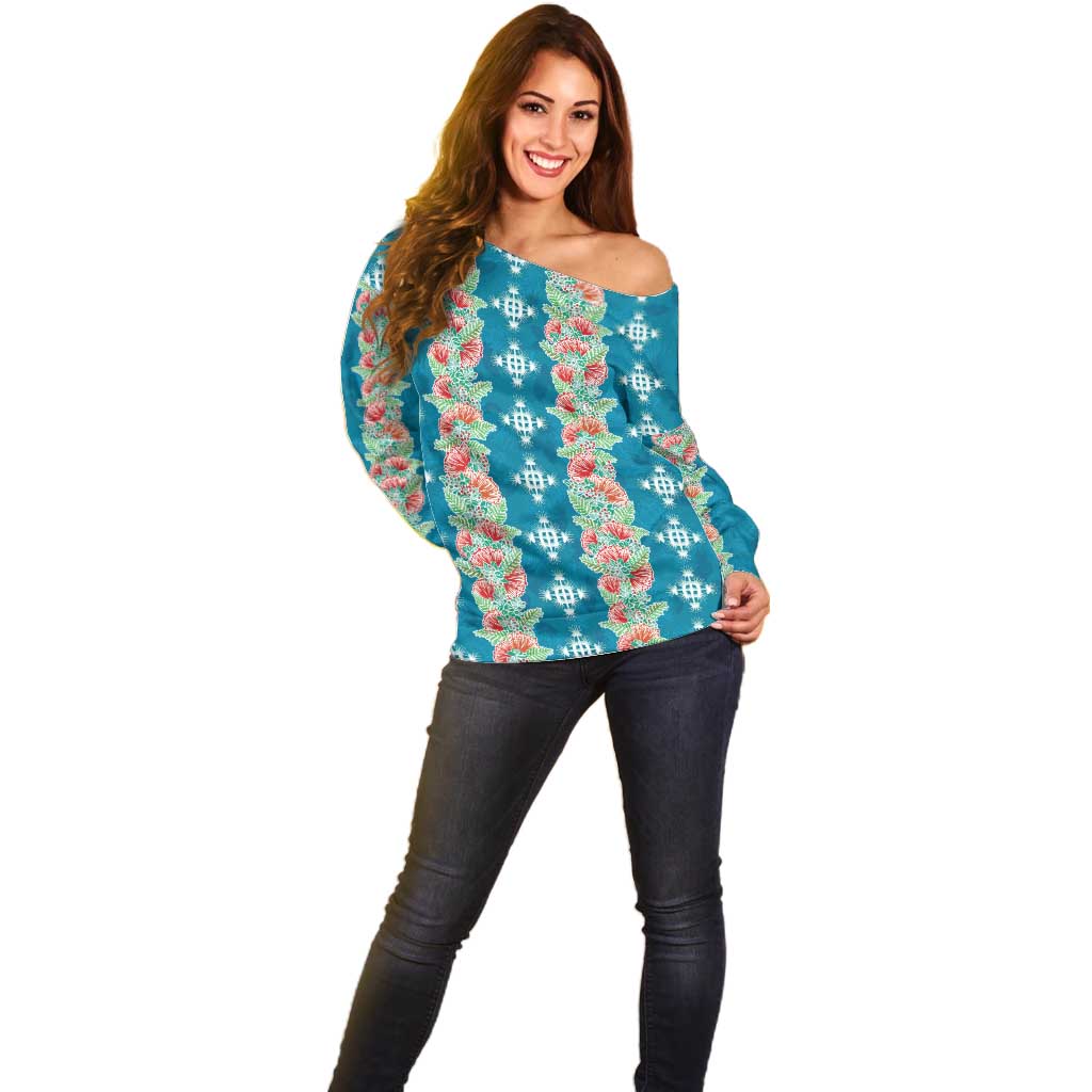 Hawaii Ohia Lehua Off Shoulder Sweater Tropical Vibes Teal LT05 - Polynesian Pride