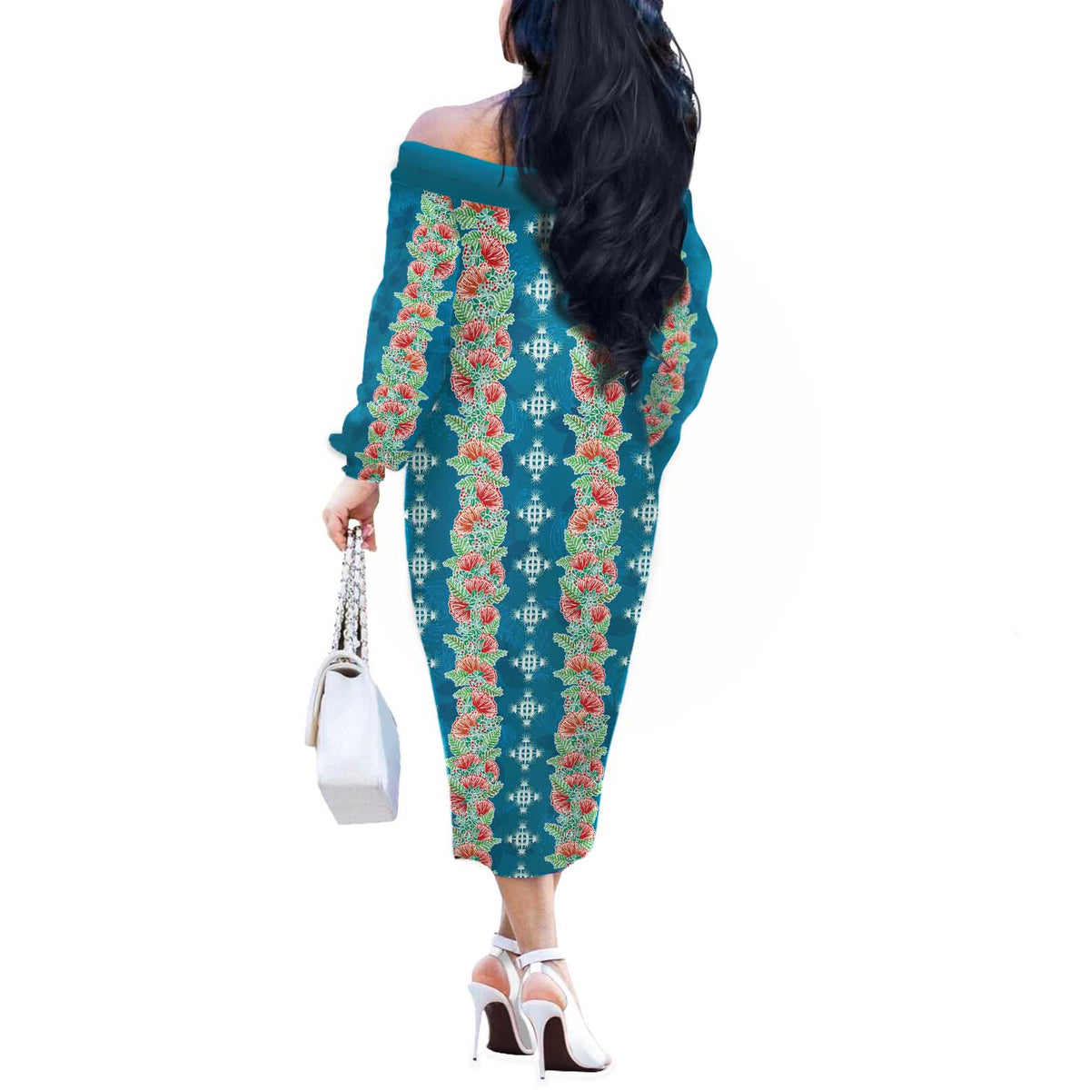 Hawaii Ohia Lehua Off The Shoulder Long Sleeve Dress Tropical Vibes Teal LT05 - Polynesian Pride