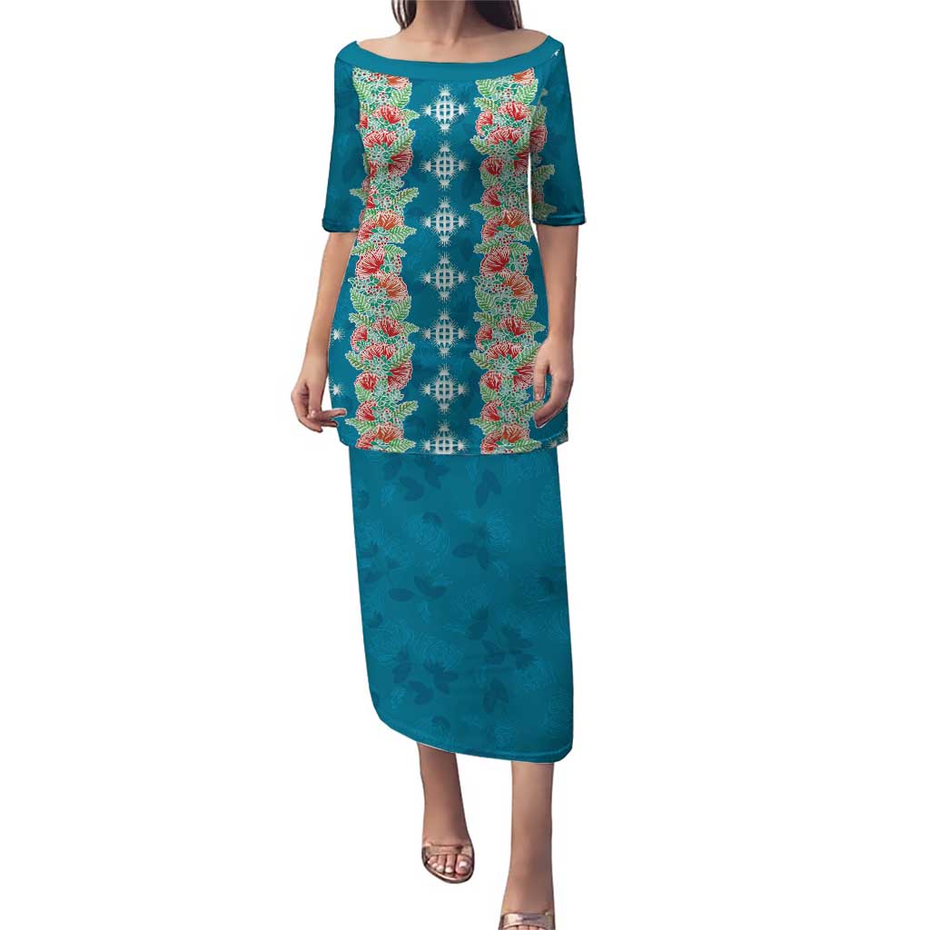 Hawaii Ohia Lehua Puletasi Tropical Vibes Teal LT05 Long Dress Teal - Polynesian Pride