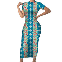Hawaii Ohia Lehua Short Sleeve Bodycon Dress Tropical Vibes Teal LT05 Long Dress Teal - Polynesian Pride
