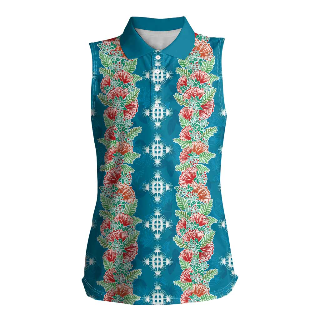 Hawaii Ohia Lehua Women Sleeveless Polo Shirt Tropical Vibes Teal LT05 Female Teal - Polynesian Pride