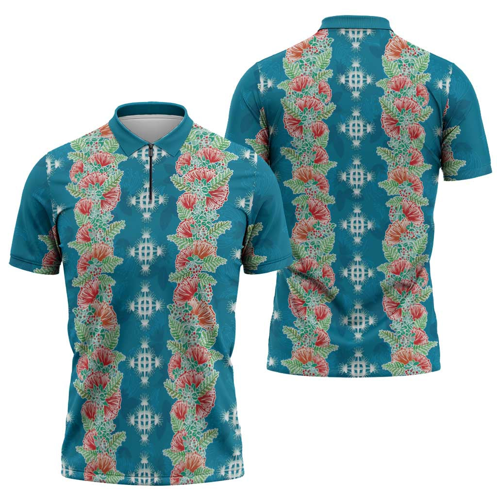 Hawaii Ohia Lehua Zipper Polo Shirt Tropical Vibes Teal LT05 - Polynesian Pride