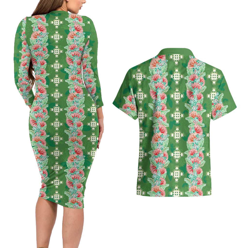 Hawaii Ohia Lehua Couples Matching Long Sleeve Bodycon Dress and Hawaiian Shirt Tropical Vibes Green