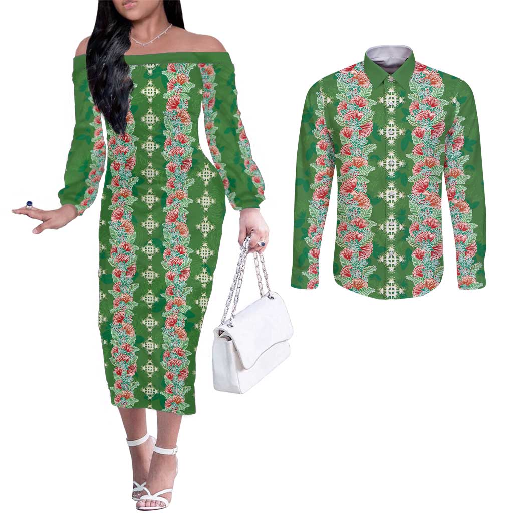 Hawaii Ohia Lehua Couples Matching Off The Shoulder Long Sleeve Dress and Long Sleeve Button Shirt Tropical Vibes Green