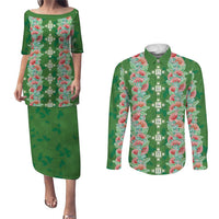 Hawaii Ohia Lehua Couples Matching Puletasi and Long Sleeve Button Shirt Tropical Vibes Green LT05 Green - Polynesian Pride