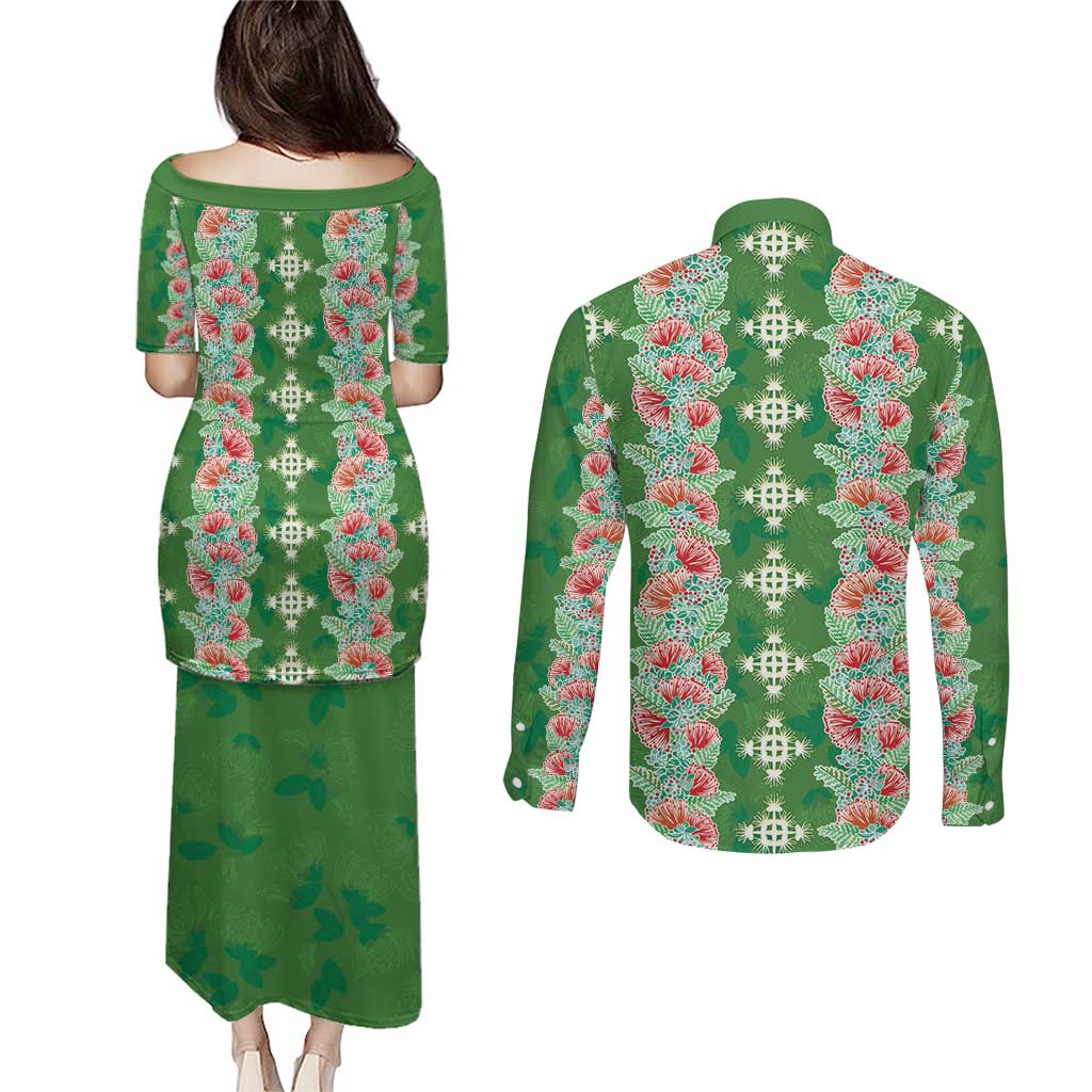 Hawaii Ohia Lehua Couples Matching Puletasi and Long Sleeve Button Shirt Tropical Vibes Green LT05 - Polynesian Pride