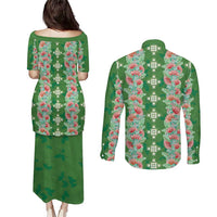 Hawaii Ohia Lehua Couples Matching Puletasi and Long Sleeve Button Shirt Tropical Vibes Green LT05 - Polynesian Pride
