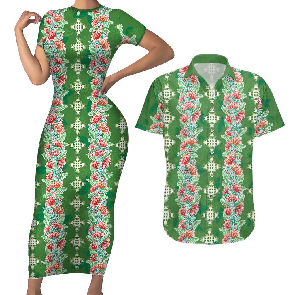 Hawaii Ohia Lehua Couples Matching Short Sleeve Bodycon Dress and Hawaiian Shirt Tropical Vibes Green