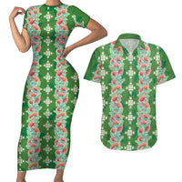 Hawaii Ohia Lehua Couples Matching Short Sleeve Bodycon Dress and Hawaiian Shirt Tropical Vibes Green