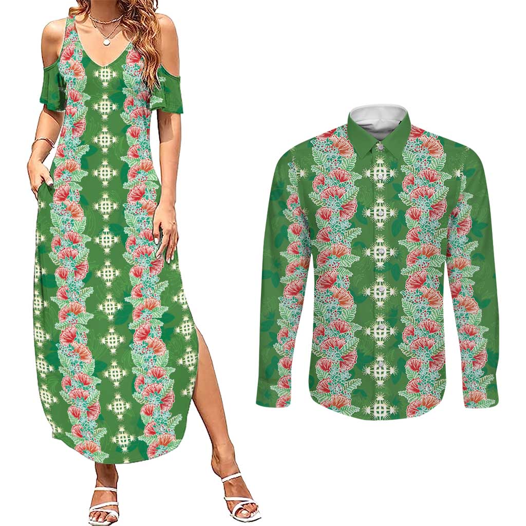 Hawaii Ohia Lehua Couples Matching Summer Maxi Dress and Long Sleeve Button Shirt Tropical Vibes Green LT05 Green - Polynesian Pride
