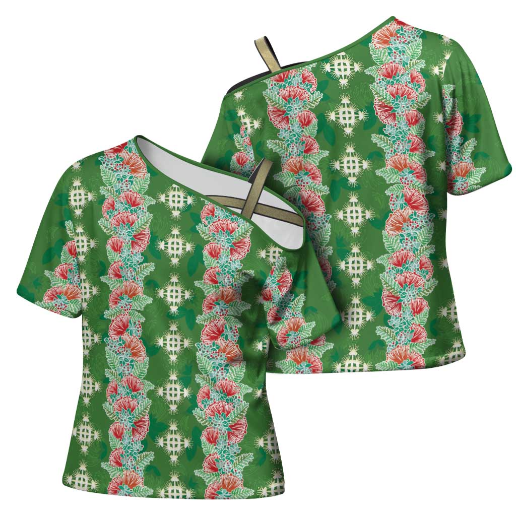 Hawaii Ohia Lehua Cross Shoulder Shirt Tropical Vibes Green LT05 - Polynesian Pride