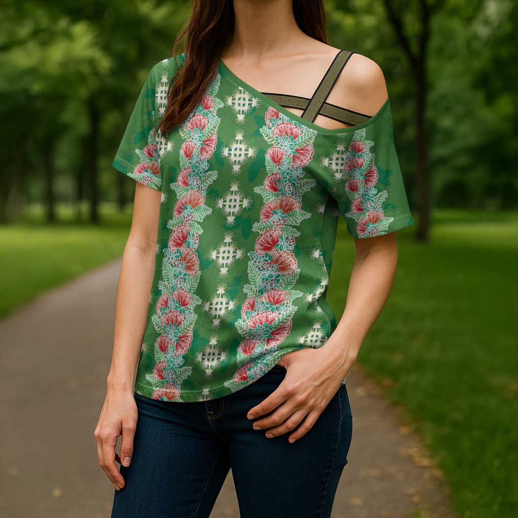 Hawaii Ohia Lehua Cross Shoulder Shirt Tropical Vibes Green LT05 - Polynesian Pride