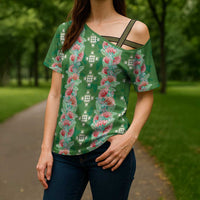 Hawaii Ohia Lehua Cross Shoulder Shirt Tropical Vibes Green LT05 - Polynesian Pride