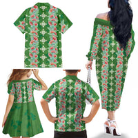 Hawaii Ohia Lehua Family Matching Off The Shoulder Long Sleeve Dress and Hawaiian Shirt Tropical Vibes Green