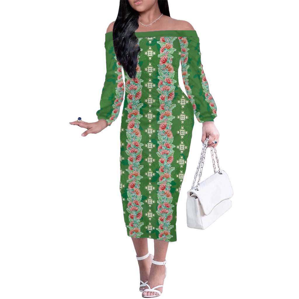 Hawaii Ohia Lehua Family Matching Off The Shoulder Long Sleeve Dress and Hawaiian Shirt Tropical Vibes Green