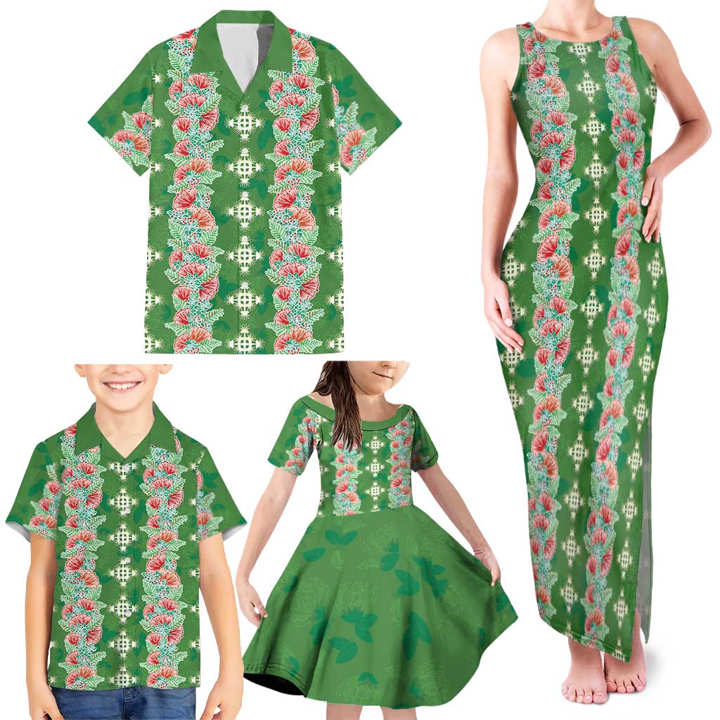 Hawaii Ohia Lehua Family Matching Tank Maxi Dress and Hawaiian Shirt Tropical Vibes Green