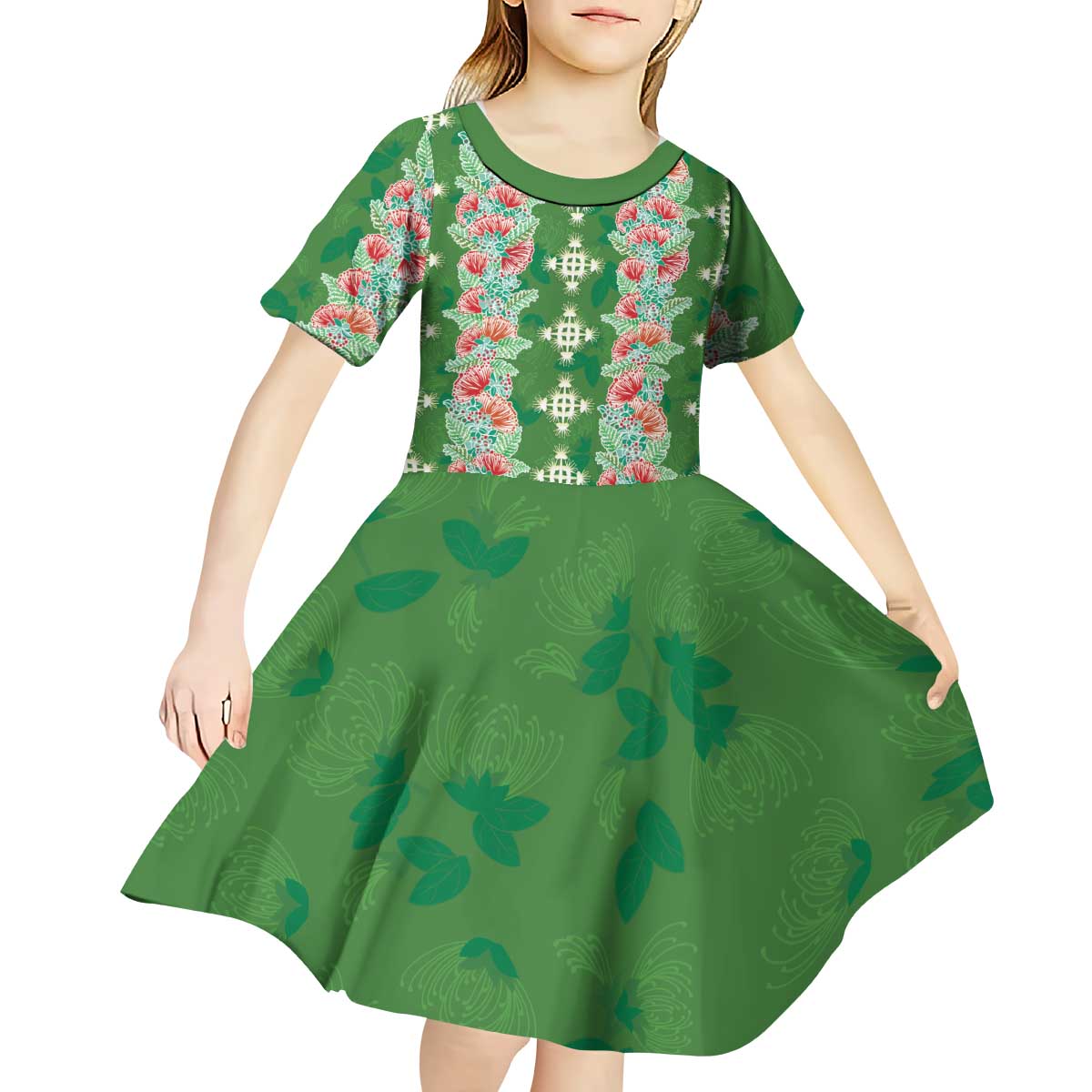 Hawaii Ohia Lehua Kid Short Sleeve Dress Tropical Vibes Green LT05 - Polynesian Pride