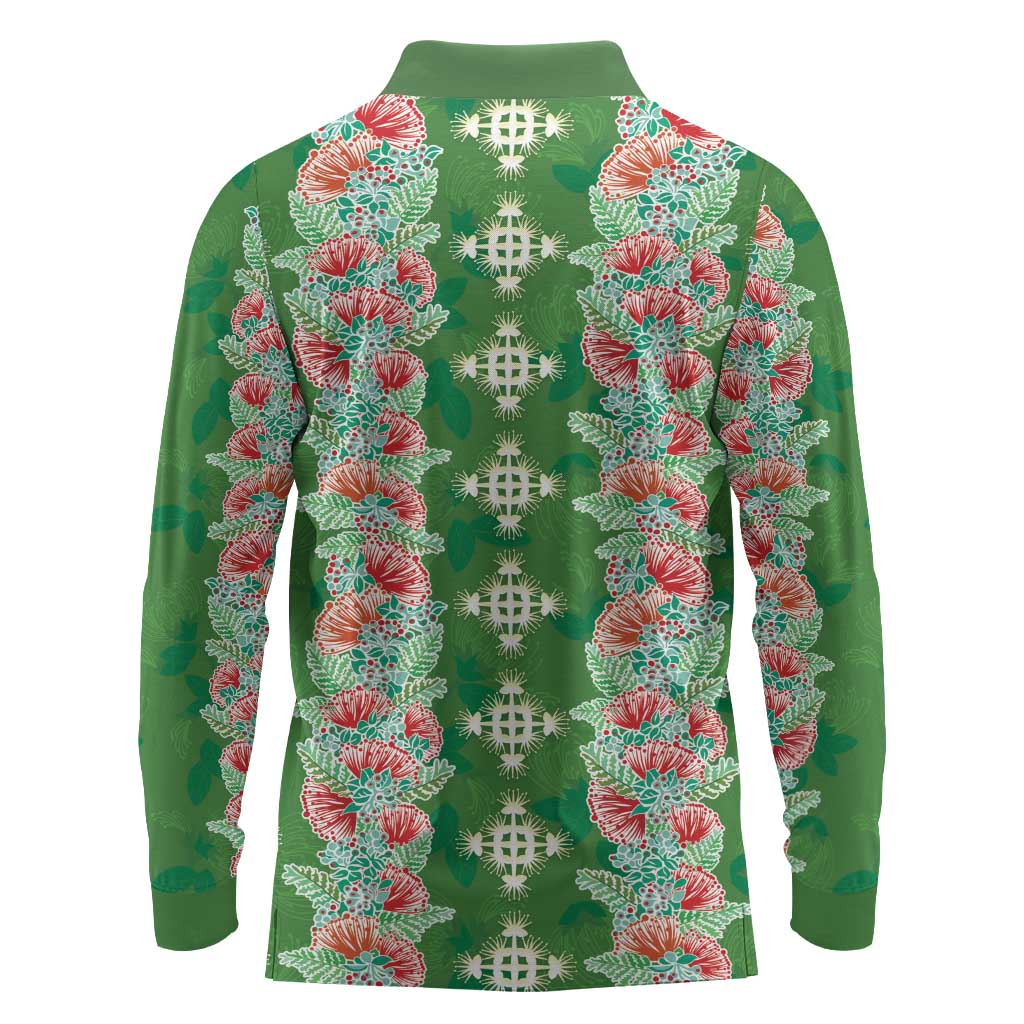 Hawaii Ohia Lehua Long Sleeve Polo Shirt Tropical Vibes Green LT05 - Polynesian Pride