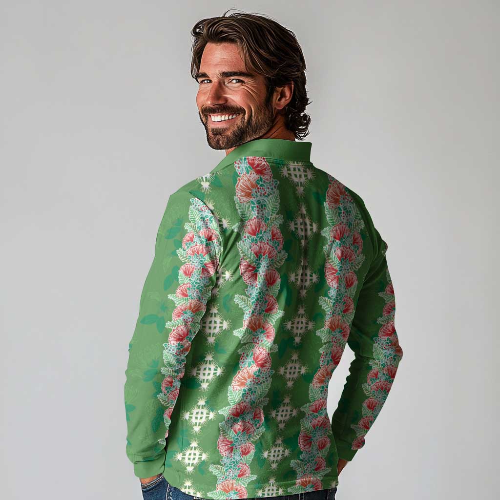 Hawaii Ohia Lehua Long Sleeve Polo Shirt Tropical Vibes Green LT05 - Polynesian Pride