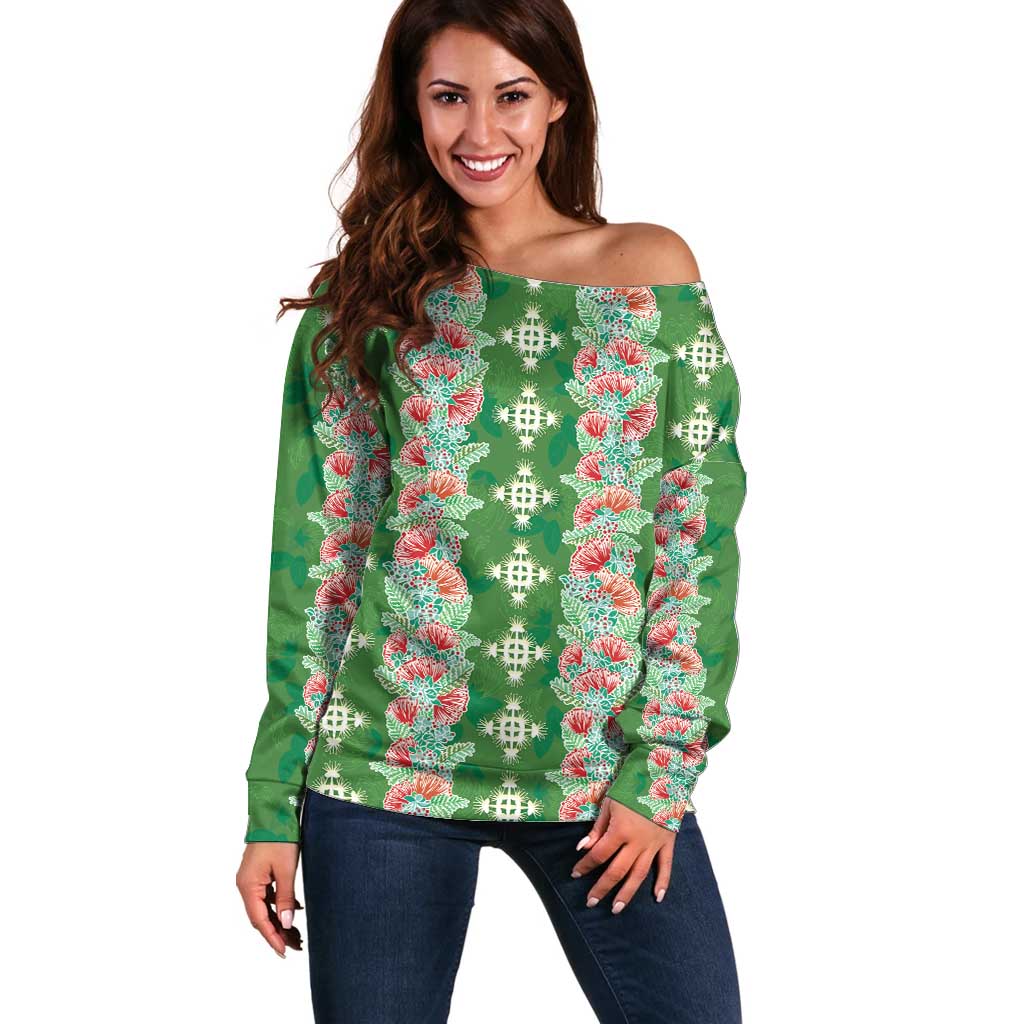 Hawaii Ohia Lehua Off Shoulder Sweater Tropical Vibes Green LT05 Women Green - Polynesian Pride