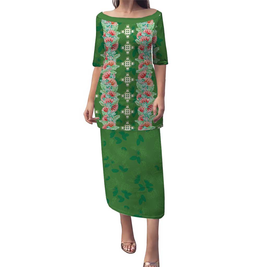 Hawaii Ohia Lehua Puletasi Tropical Vibes Green LT05 Long Dress Green - Polynesian Pride
