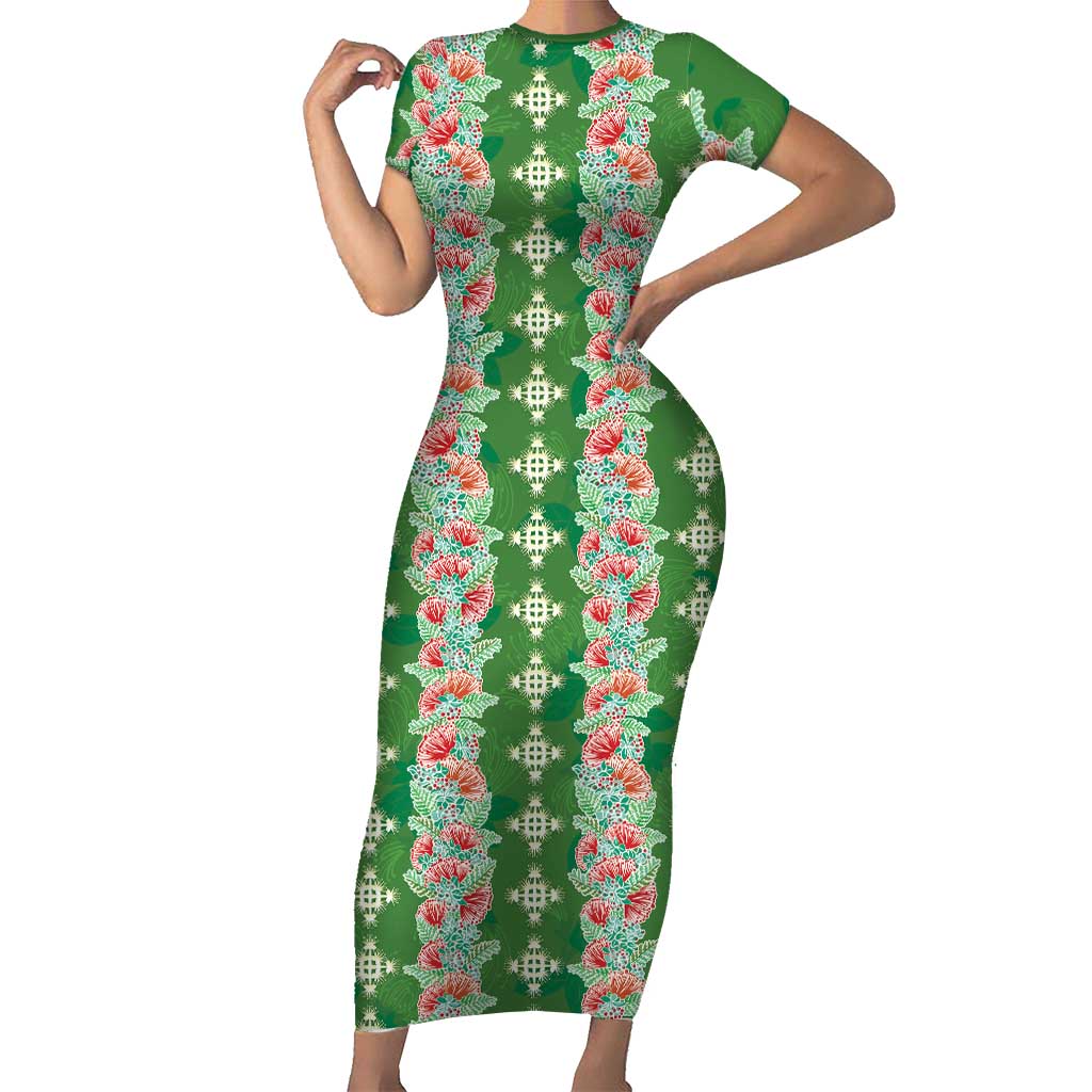 Hawaii Ohia Lehua Short Sleeve Bodycon Dress Tropical Vibes Green LT05 Long Dress Green - Polynesian Pride