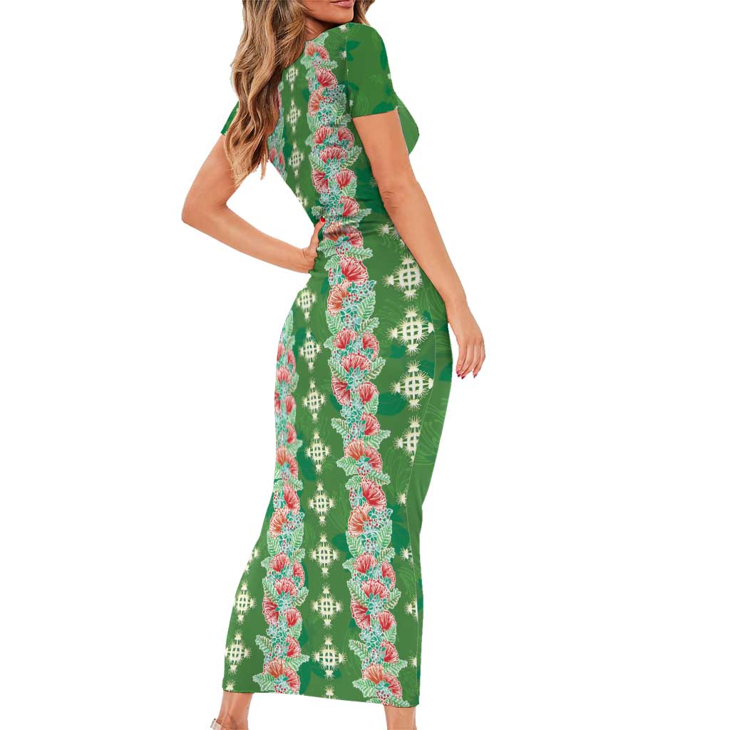 Hawaii Ohia Lehua Short Sleeve Bodycon Dress Tropical Vibes Green LT05 - Polynesian Pride