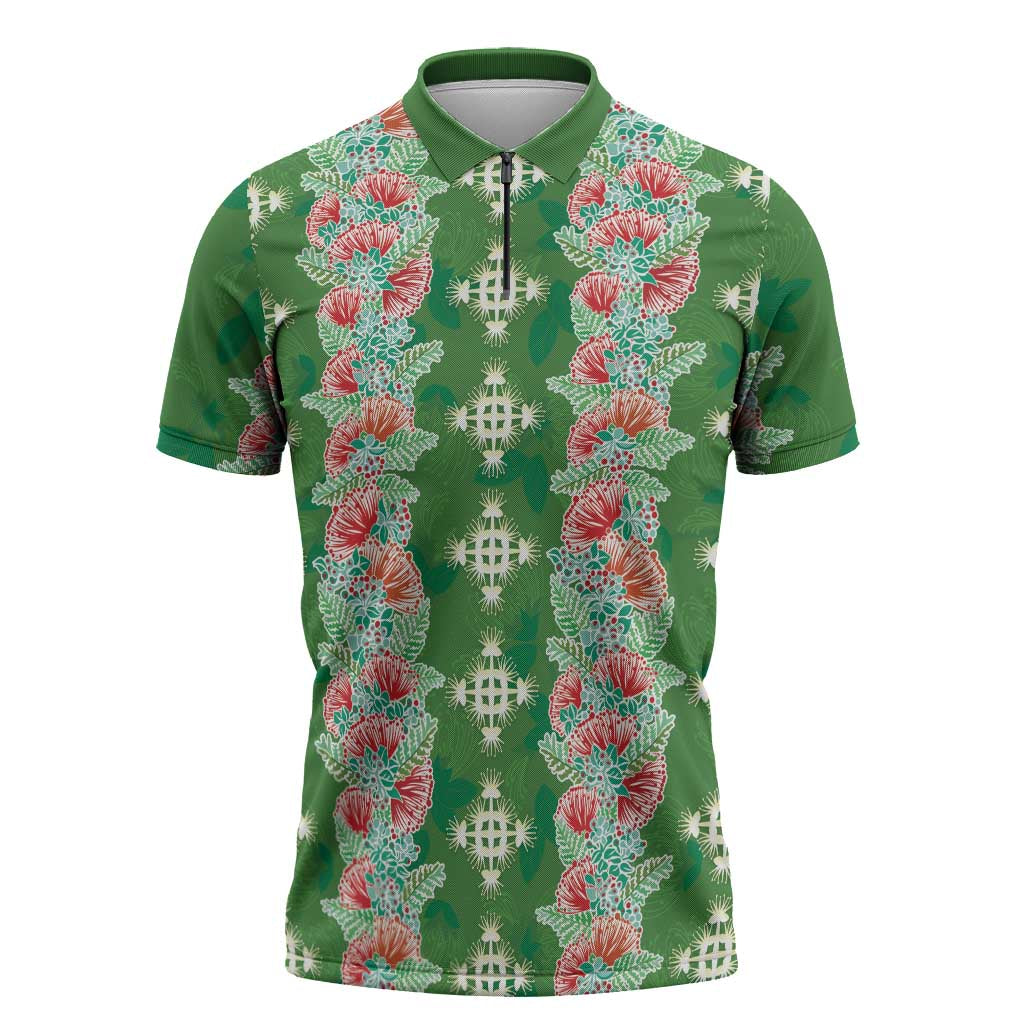Hawaii Ohia Lehua Zipper Polo Shirt Tropical Vibes Green LT05 Green - Polynesian Pride