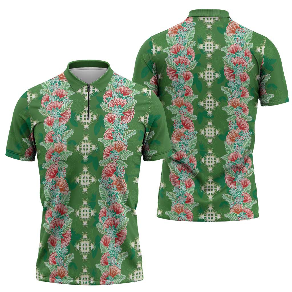 Hawaii Ohia Lehua Zipper Polo Shirt Tropical Vibes Green LT05 - Polynesian Pride