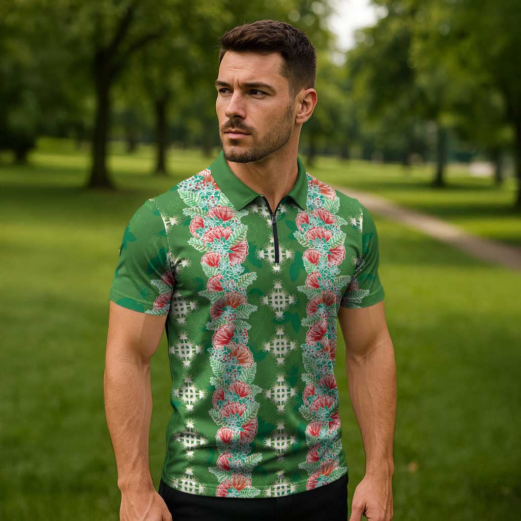Hawaii Ohia Lehua Zipper Polo Shirt Tropical Vibes Green LT05 - Polynesian Pride