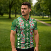 Hawaii Ohia Lehua Zipper Polo Shirt Tropical Vibes Green LT05 - Polynesian Pride