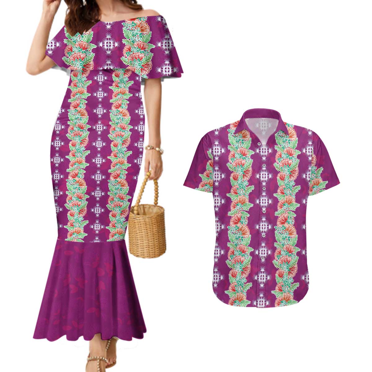 Hawaii Ohia Lehua Couples Matching Mermaid Dress and Hawaiian Shirt Tropical Vibes Fuchsia