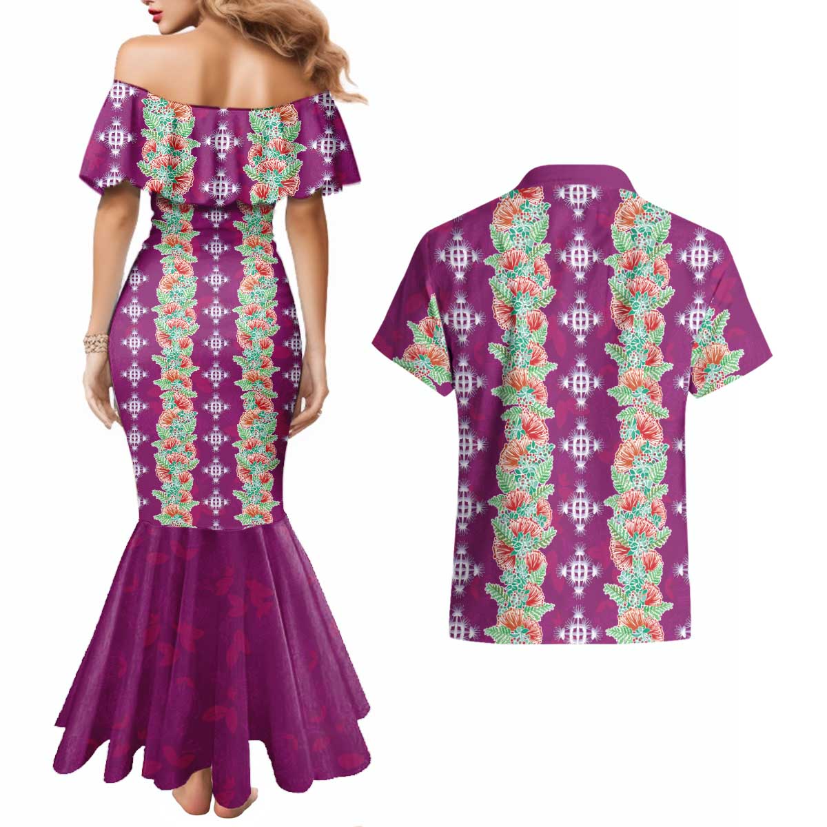 Hawaii Ohia Lehua Couples Matching Mermaid Dress and Hawaiian Shirt Tropical Vibes Fuchsia