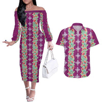 Hawaii Ohia Lehua Couples Matching Off The Shoulder Long Sleeve Dress and Hawaiian Shirt Tropical Vibes Fuchsia