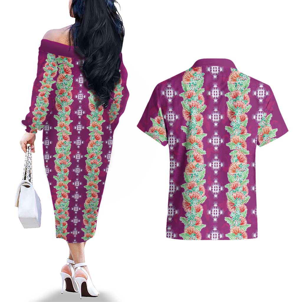 Hawaii Ohia Lehua Couples Matching Off The Shoulder Long Sleeve Dress and Hawaiian Shirt Tropical Vibes Fuchsia