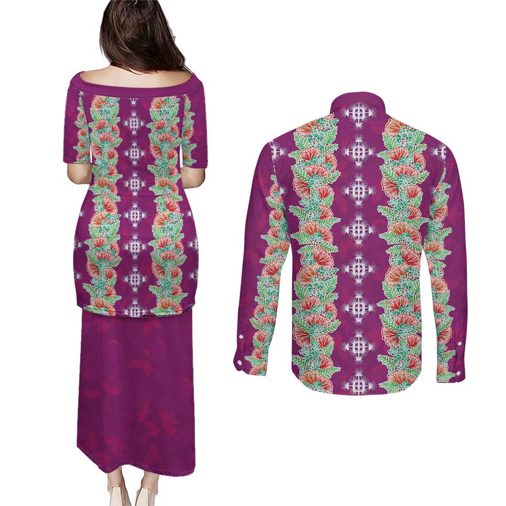 Hawaii Ohia Lehua Couples Matching Puletasi and Long Sleeve Button Shirt Tropical Vibes Fuchsia LT05 - Polynesian Pride