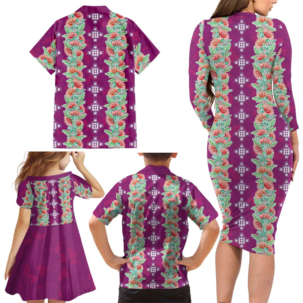Hawaii Ohia Lehua Family Matching Long Sleeve Bodycon Dress and Hawaiian Shirt Tropical Vibes Fuchsia