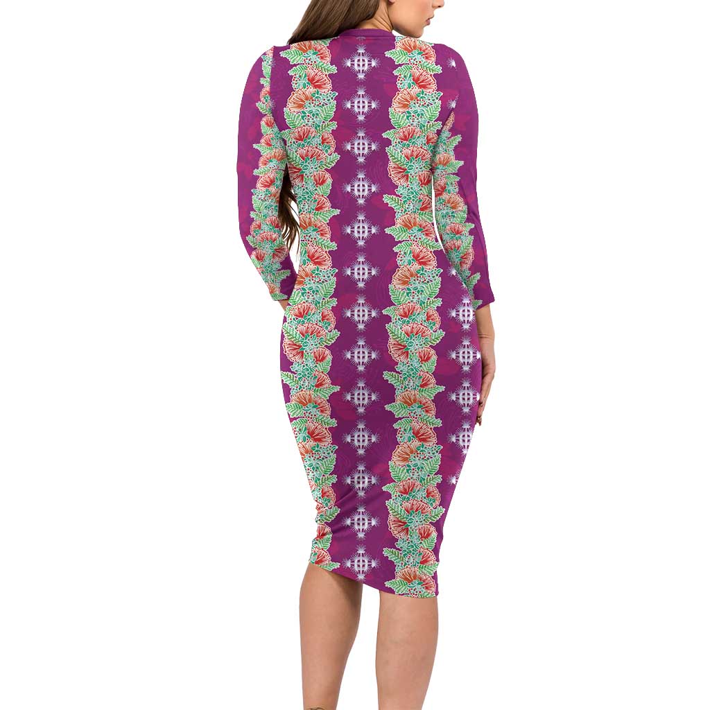Hawaii Ohia Lehua Family Matching Long Sleeve Bodycon Dress and Hawaiian Shirt Tropical Vibes Fuchsia