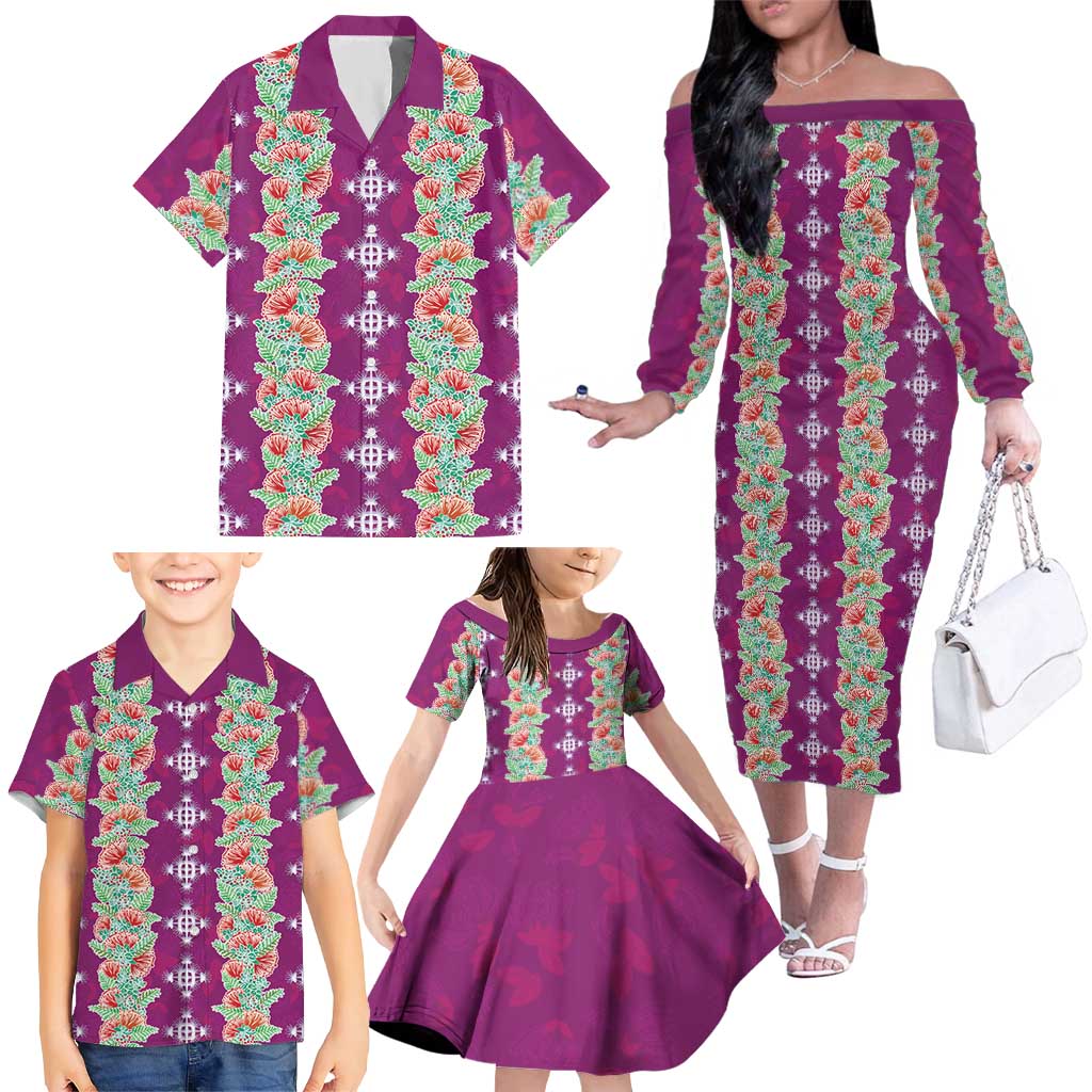 Hawaii Ohia Lehua Family Matching Off The Shoulder Long Sleeve Dress and Hawaiian Shirt Tropical Vibes Fuchsia LT05 - Polynesian Pride