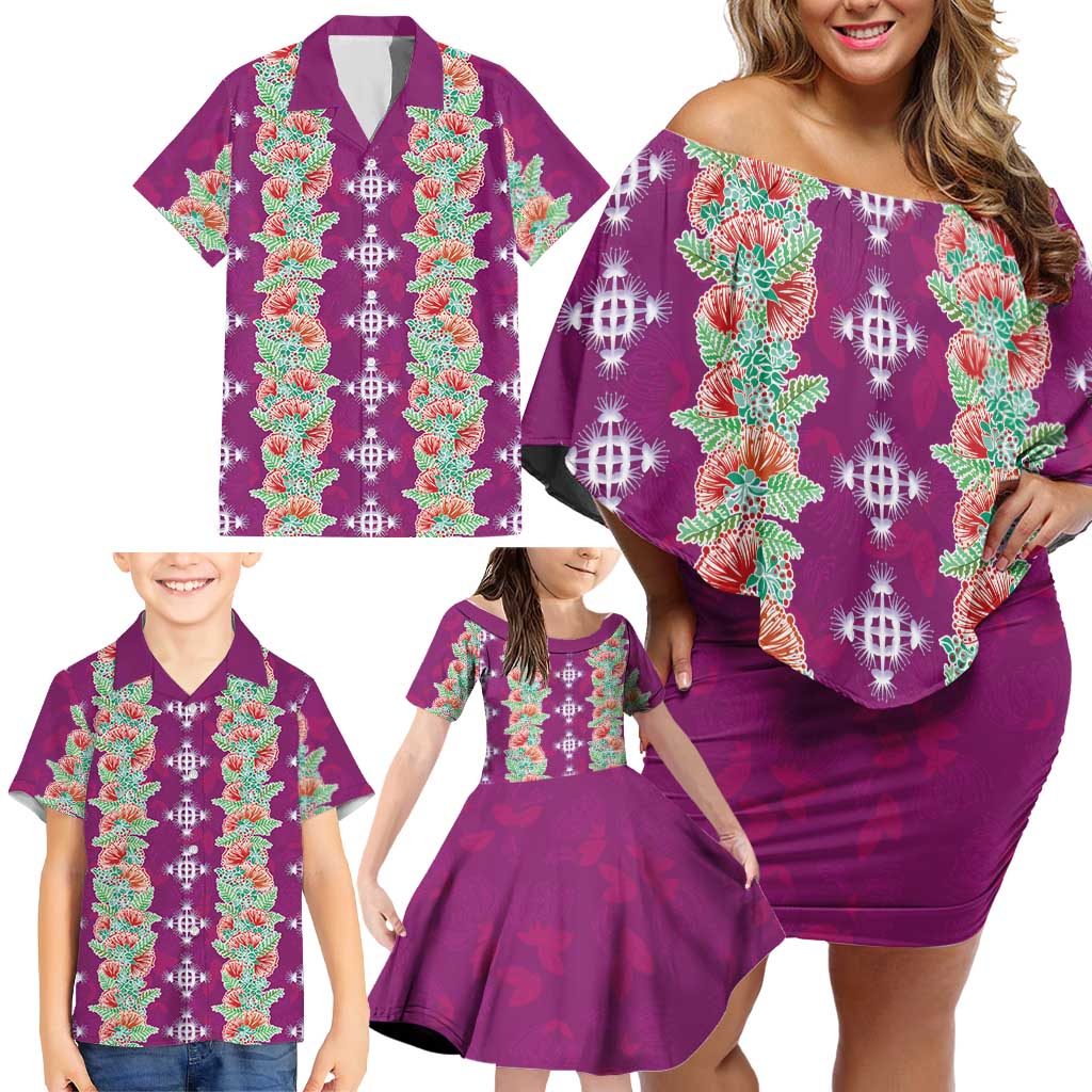 Hawaii Ohia Lehua Family Matching Off Shoulder Short Dress and Hawaiian Shirt Tropical Vibes Fuchsia LT05 - Polynesian Pride