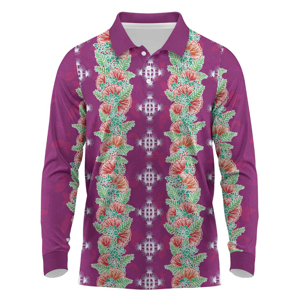 Hawaii Ohia Lehua Long Sleeve Polo Shirt Tropical Vibes Fuchsia LT05 Fuchsia - Polynesian Pride